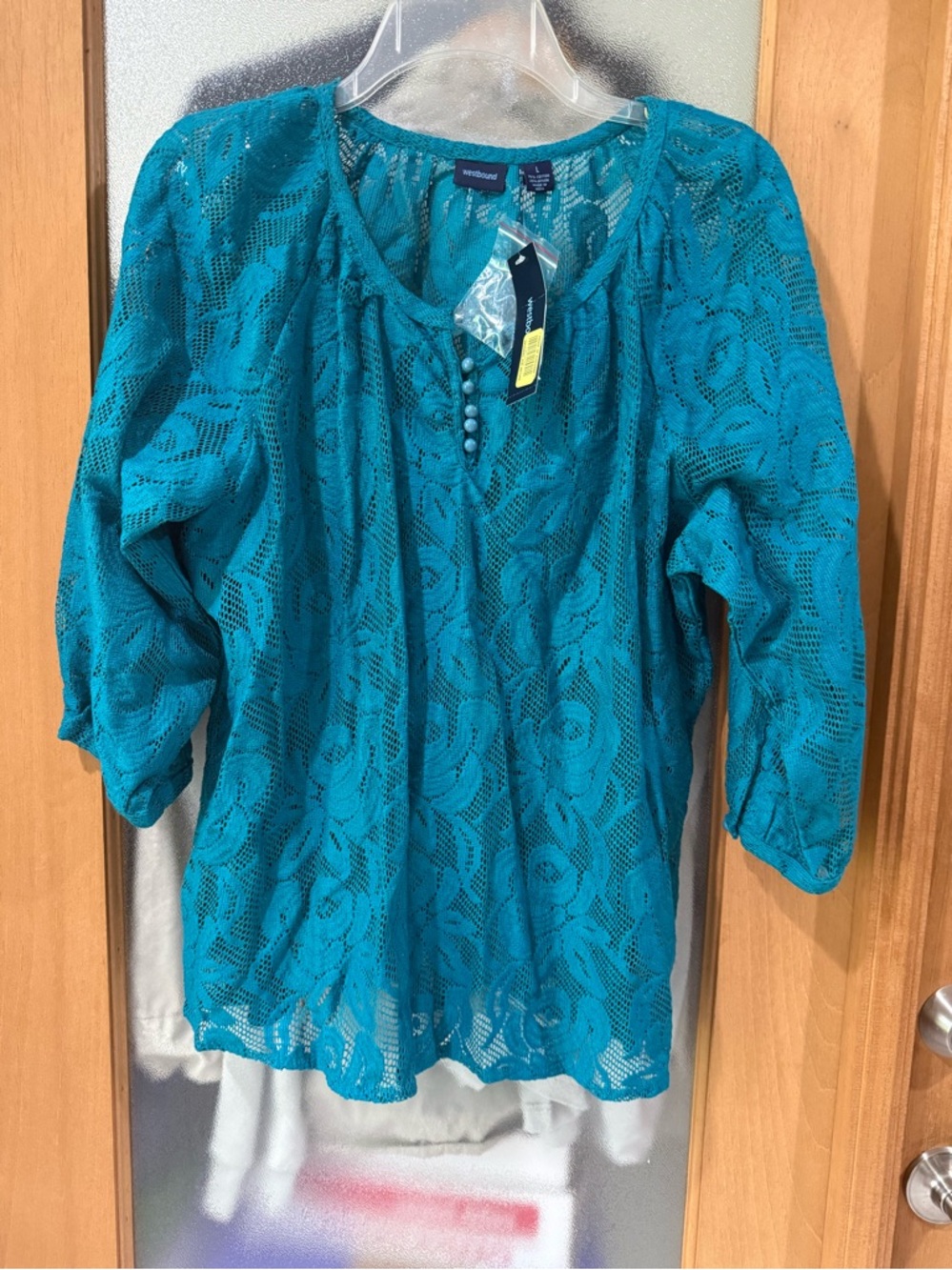 Westbound Mesh Lace Peasant Top Shirt - Teal / Turquoise - Size Large